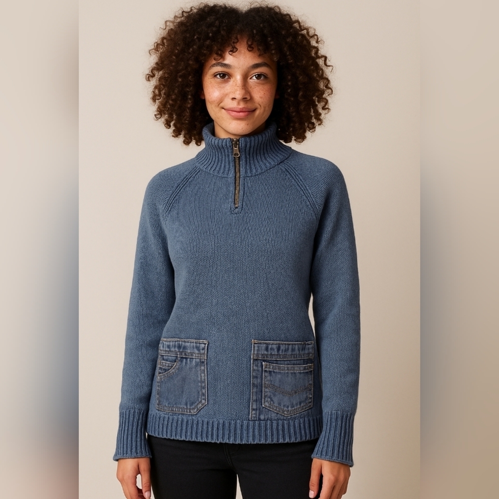 Vintage Pbj Blues Ramie Cotton Denim Patch Half Zip Mock Neck Sweater Small